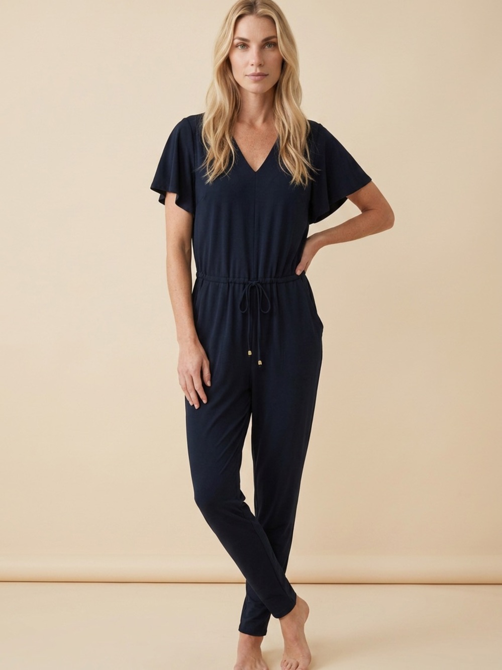 Michael Kors Navy V-Neck Drawstring Jumpsuit with Flutter Sleeves